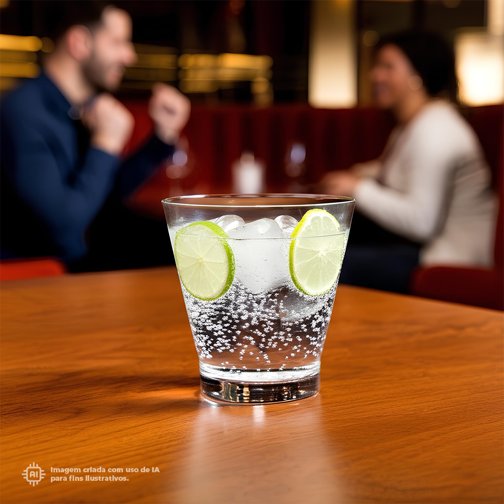 Copo Caipirinha Liffe Transparente 33 cl com gelo e limão em mesa de restaurante