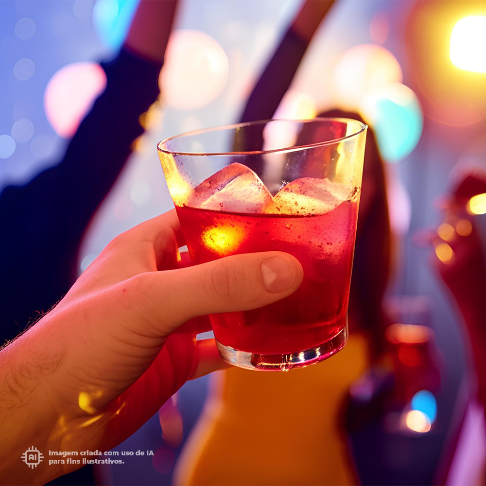 Copo Caipirinha Liffe Transparente 33 cl em evento noturno com pessoas dançando