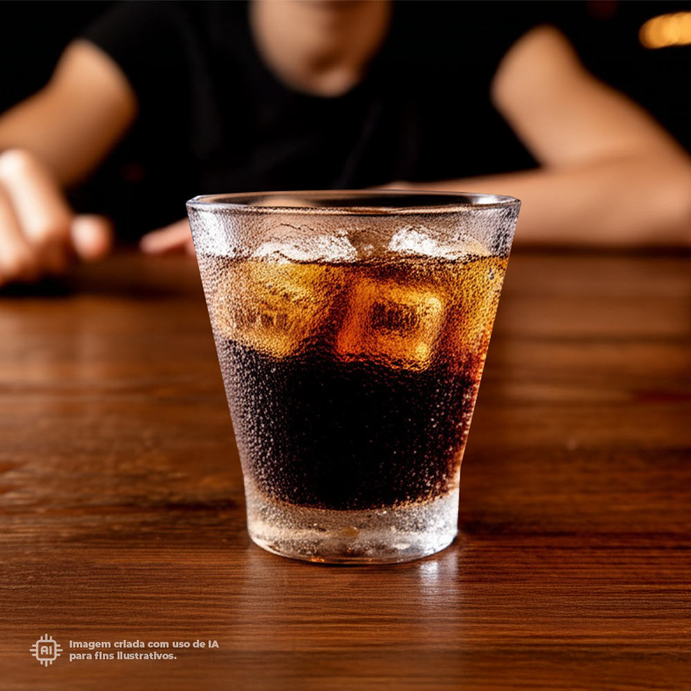 Copo Caipirinha Liffe Transparente 33 cl cheio de gelo e líquido escuro