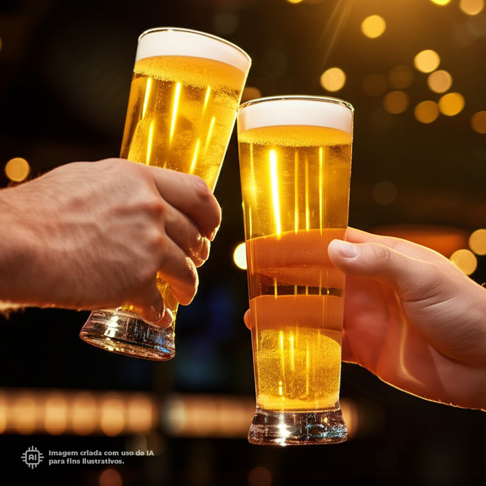 Duas mãos segurando copos imperiais transparentes Liffe cheios de cerveja