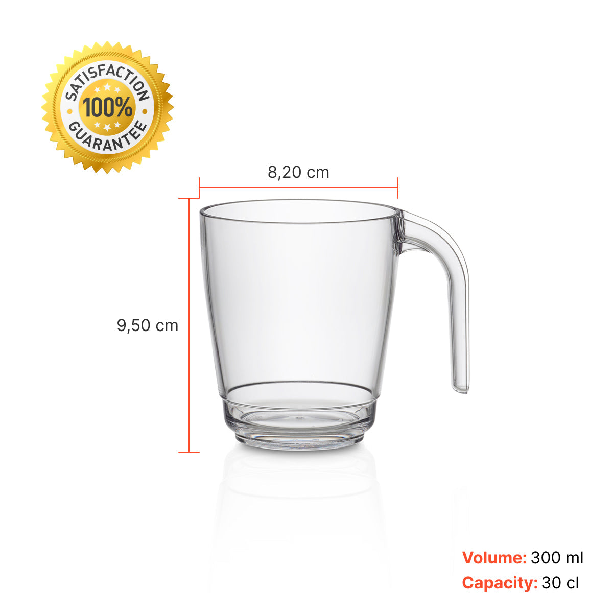 Caneca transparente Liffe de 300 ml com alça, mostrando medidas de altura e largura.