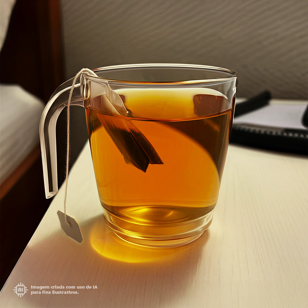 Caneca transparente Liffe com chá, mostrando o líquido amarelo e o saquinho de chá.