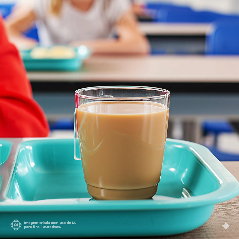Caneca transparente Liffe de 30 cl com uma bebida quente em um ambiente escolar
