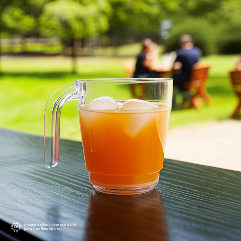 Caneca transparente Liffe de 30 cl com bebida cítrica gelada em um parque
