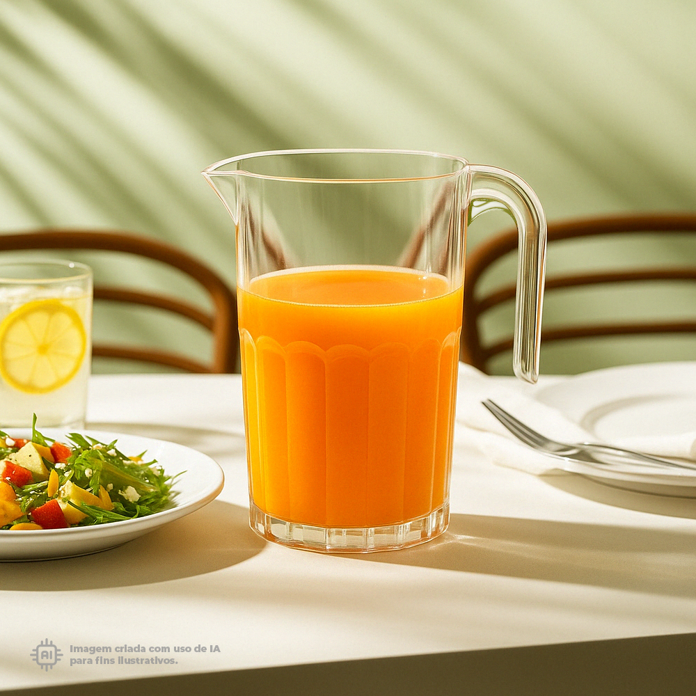 Jarro Liffe Transparente 75 cl cheio de sumo de laranja em mesa de jantar