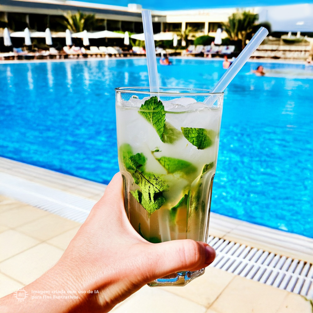 Copo Graniti Liffe Transparente 33 cl com bebida e hortelã à beira da piscina