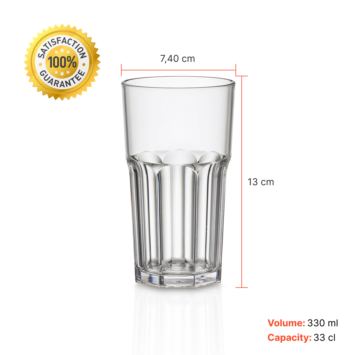 Copo transparente de 33 cl da marca Graniti Liffe com medidas detalhadas.