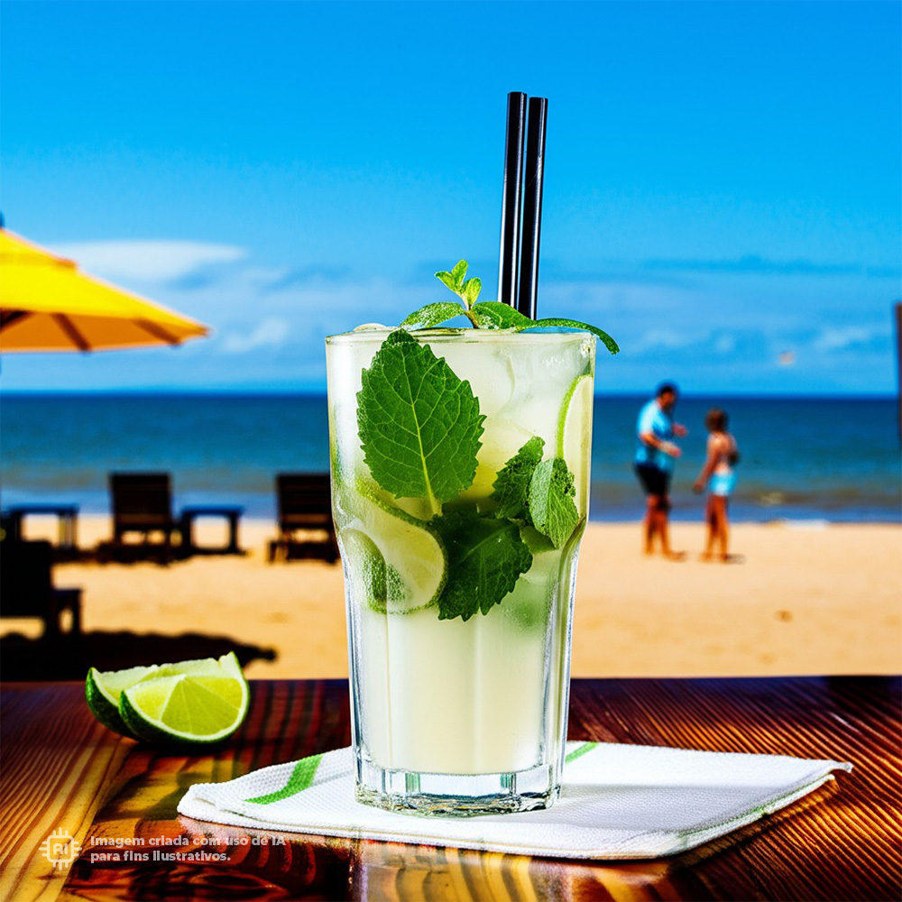 Copo Graniti Liffe Transparente 33 cl em cenário de praia com coquetel refrescante