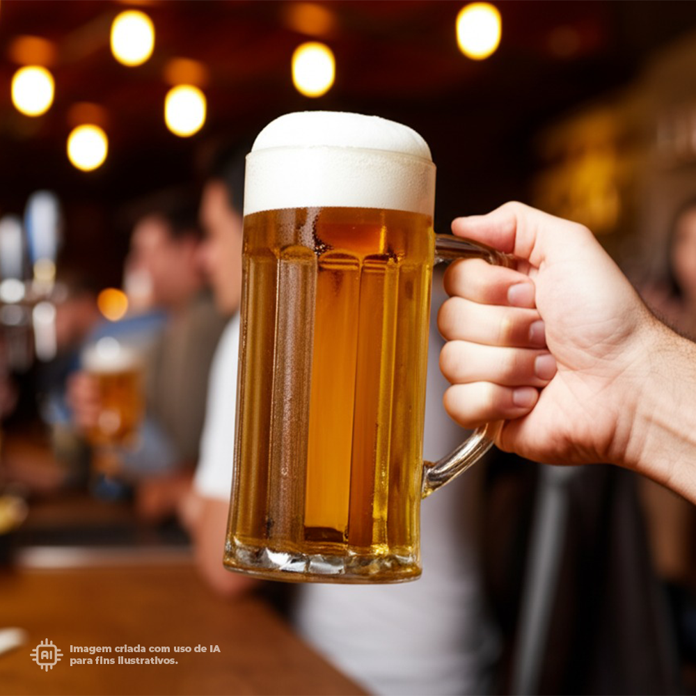 Caneca transparente de cerveja Liffe com 56 cl em um bar cheio de pessoas