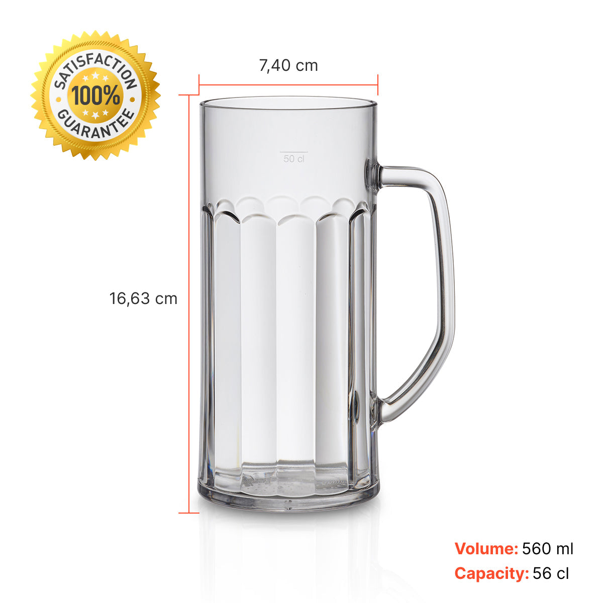 Caneca transparente Liffe de 56 cl com alça, mostrando medidas detalhadas.