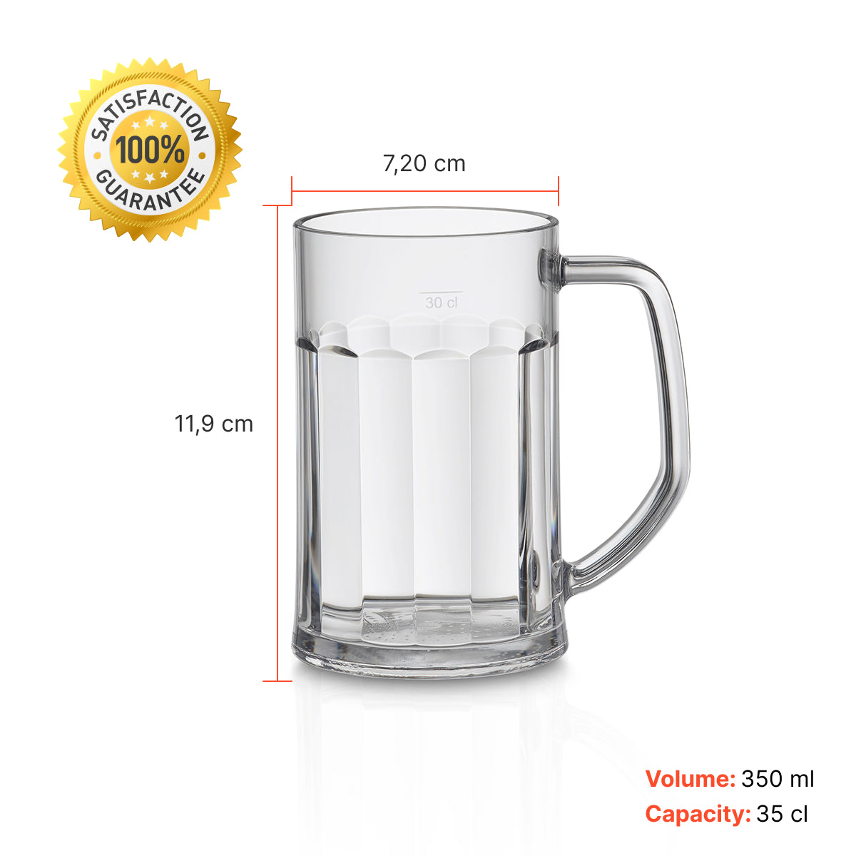 Caneca transparente de cerveja Liffe com capacidade de 35 cl, mostrando medidas e volume.