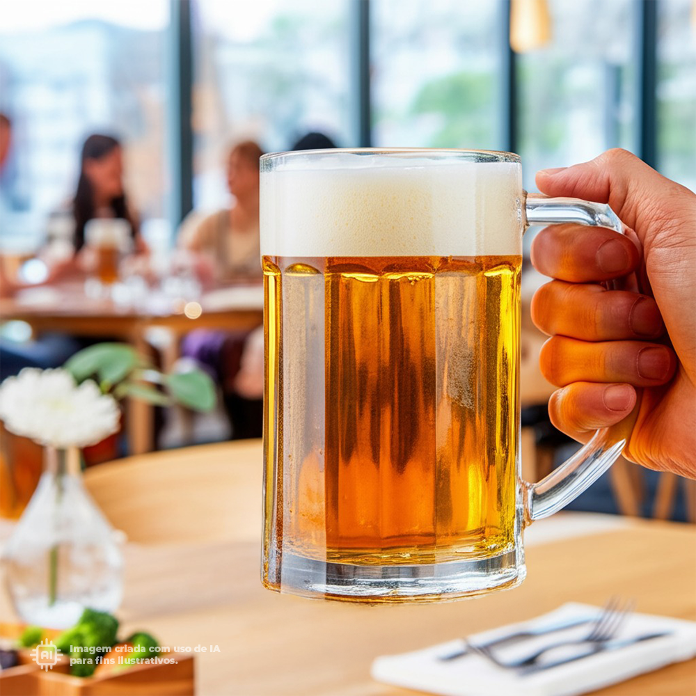 Caneca transparente de cerveja Liffe de 35 cl em um bar