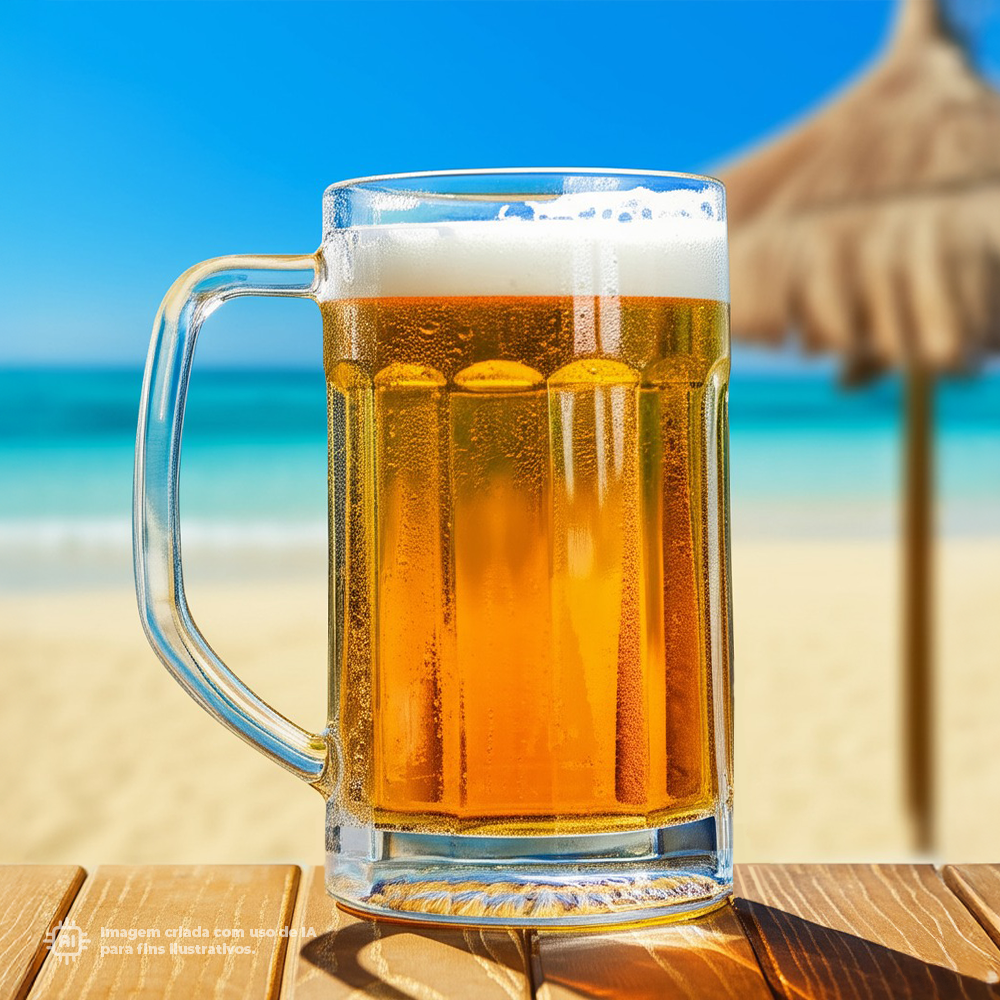 Caneca transparente Liffe de cerveja com 35 cl em fundo de praia