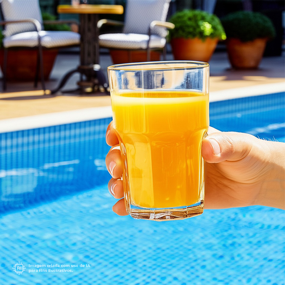 Copo Graniti Liffe Transparente 49 cl cheio de sumo de laranja à beira da piscina