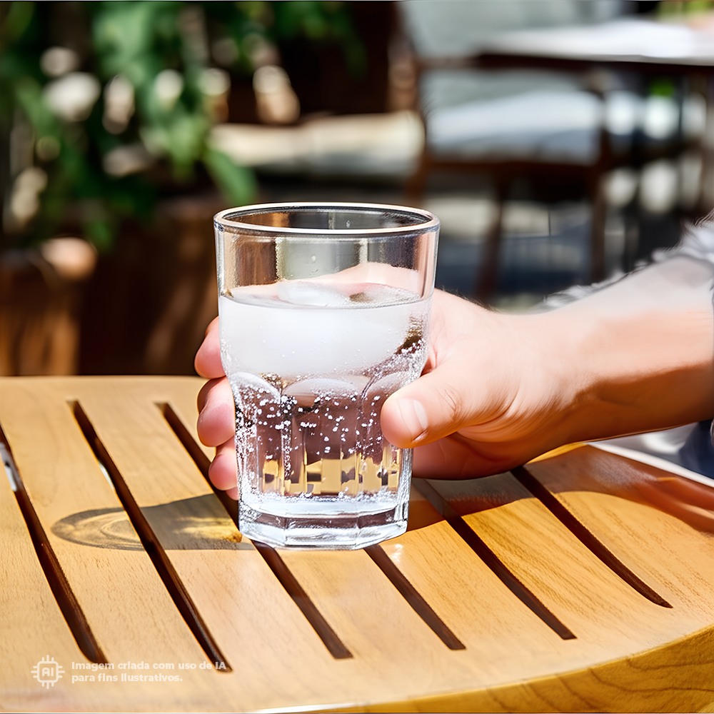 Copo Graniti Liffe Transparente 49 cl com água gelada em um ambiente ao ar livre
