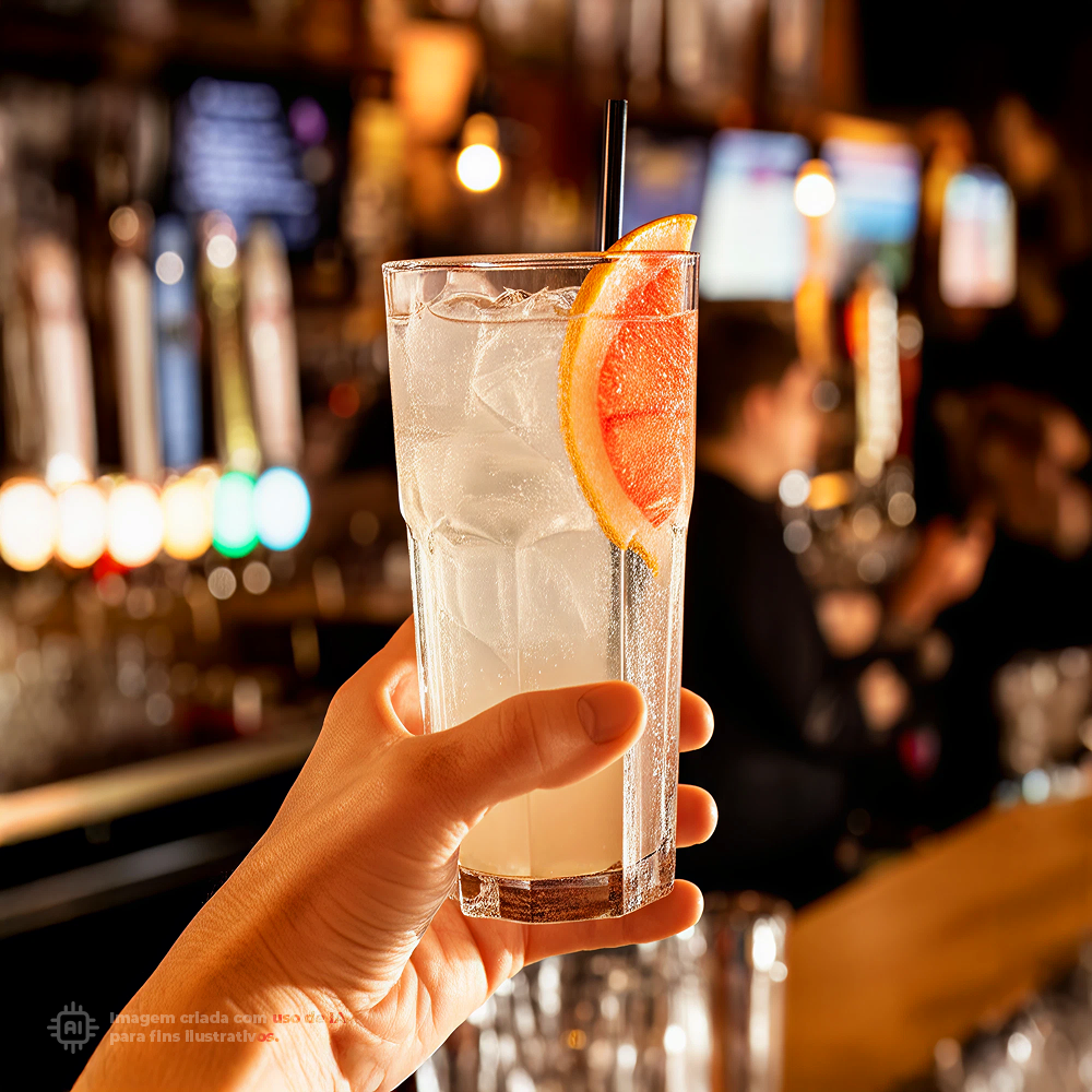 Copo Graniti Liffe Transparente 55cl com uma bebida com limão, gelo e uma palhinha, a ser apreciado num bar com fundo desfocado de luzes e ambiente acolhedor.