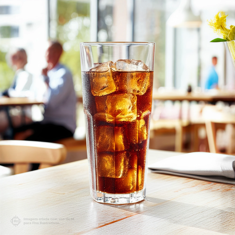 Copo Graniti Liffe Transparente 55cl com refrigerante de cola e gelo, colocado sobre uma mesa de restaurante com ambiente iluminado e pessoas ao fundo.