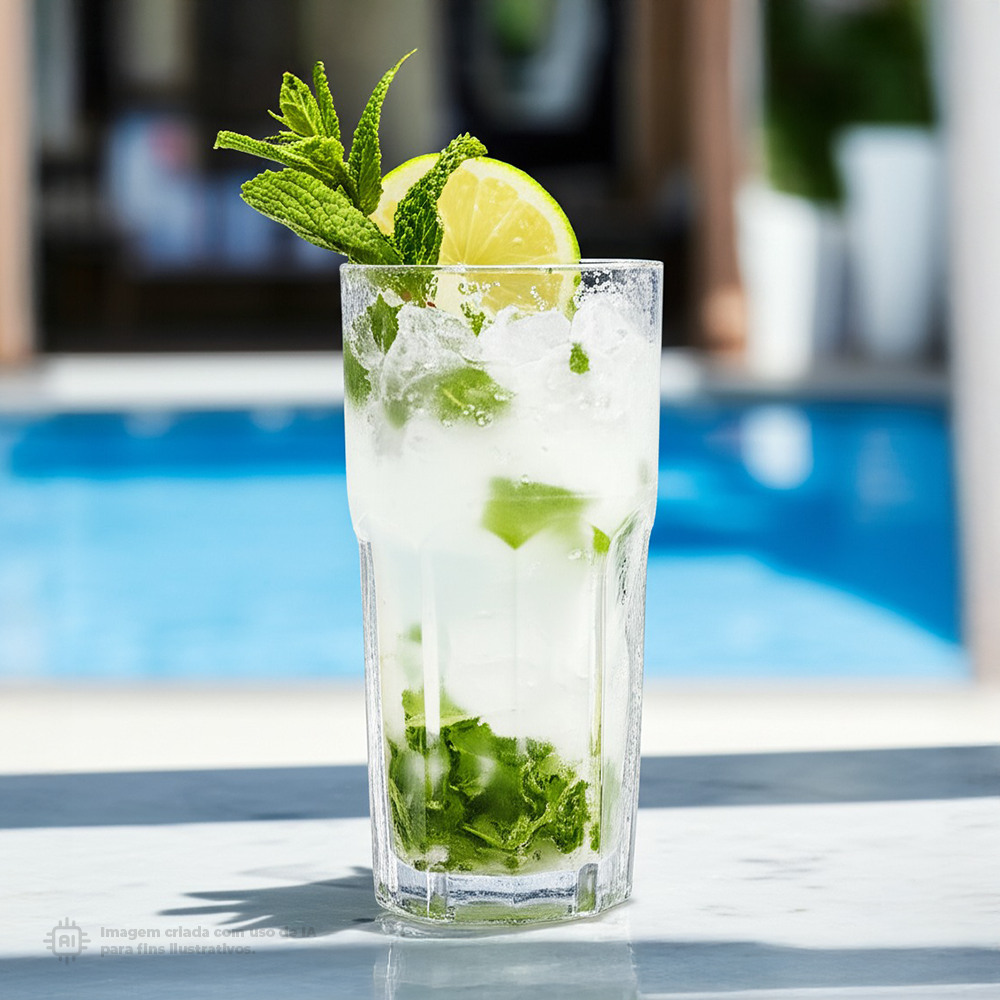Copo Graniti Liffe Transparente 55cl com bebida refrescante com limão, menta e gelo, com fundo de piscina azul e ambiente ao ar livre.