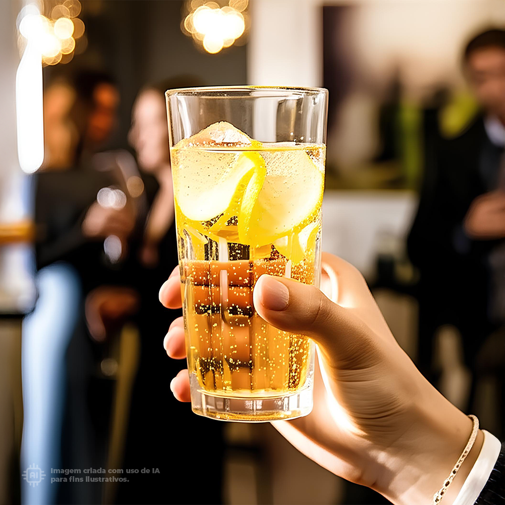 Copo Graniti Liffe Transparente 55cl com limonada com gás, a ser segurado por uma pessoa num ambiente social, com foco na bebida e fundo desfocado