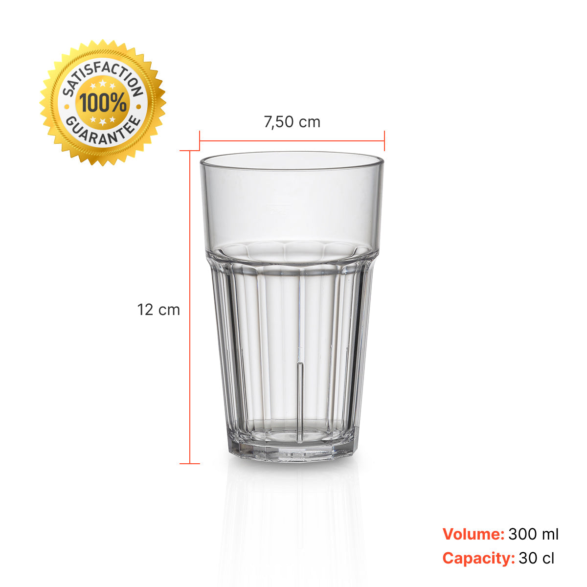Copo transparente padrão Liffe de 300 ml com medidas de 12 cm de altura e 7,5 cm de diâmetro