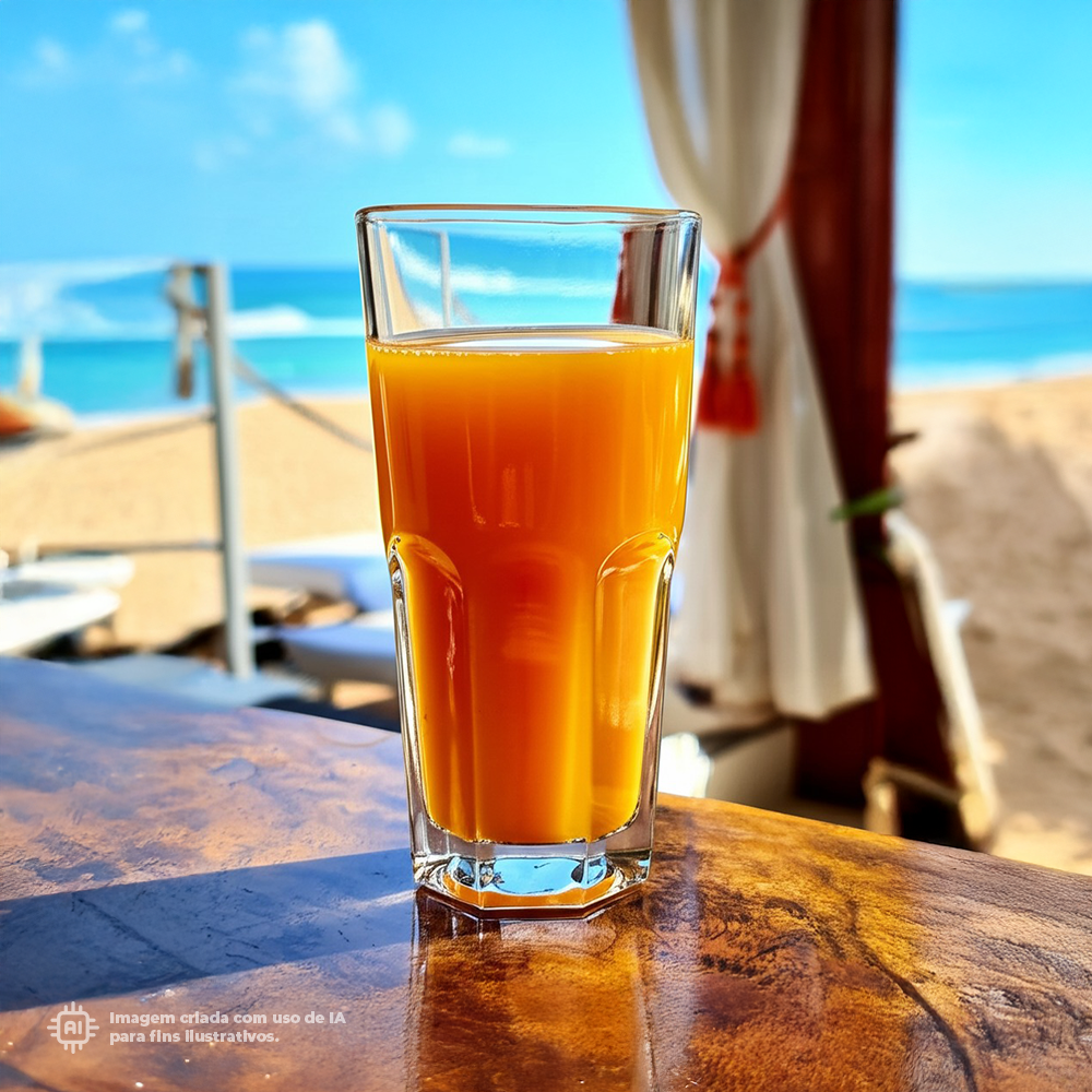 Copo Graniti Liffe transparente de 22 cl com sumo de laranja em fundo de praia