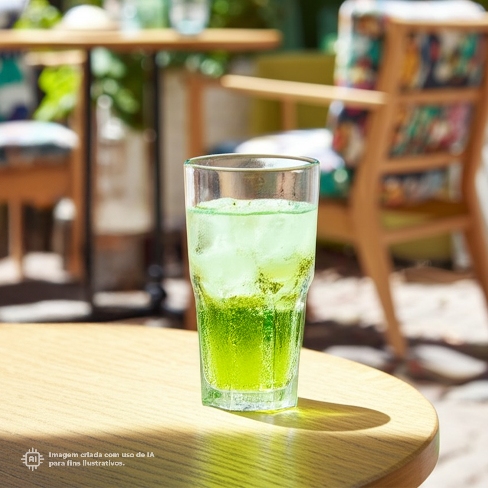 Copo Graniti Liffe Transparente 22 cl com uma bebida verde em um ambiente externo.