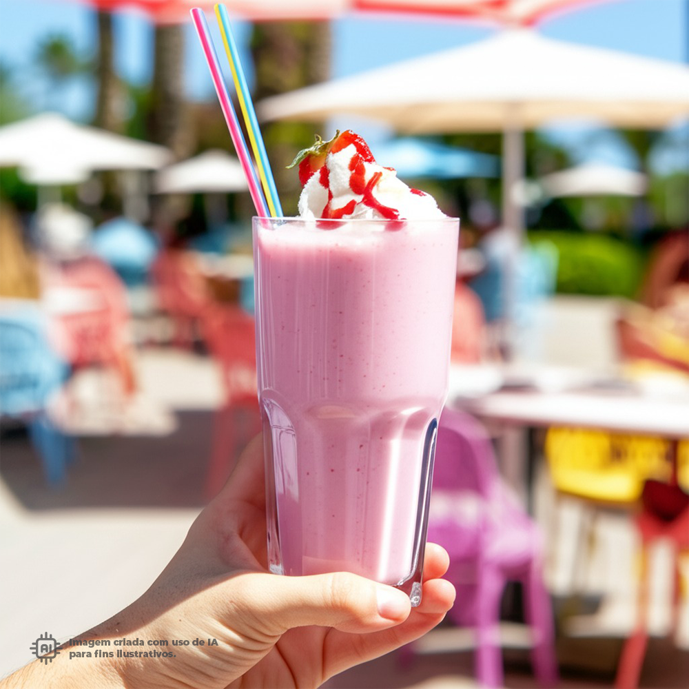 Copo Graniti Liffe Transparente 22 cl com milkshake rosa em um ambiente externo