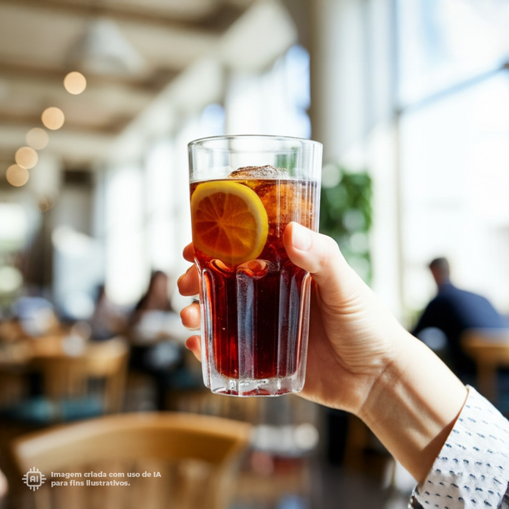 Copo Graniti Liffe Transparente 22 cl com limonada, em ambiente de cafeteria.