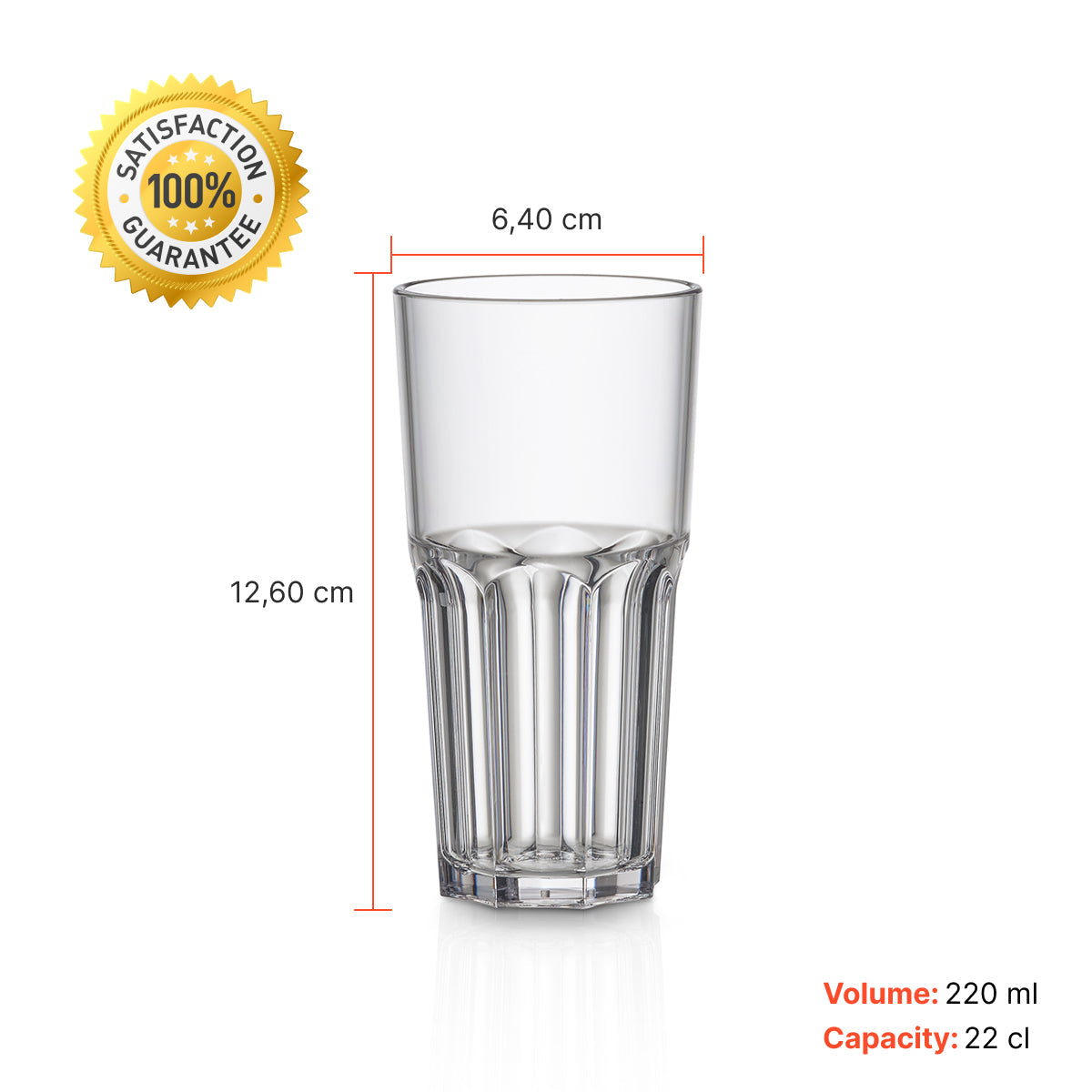 Copo transparente de 220 ml da marca Graniti Liffe, com medidas detalhadas.