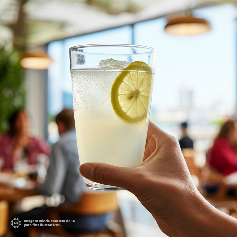 Copo transparente ECO Liffe 33 cl com limonada e gelo em um restaurante