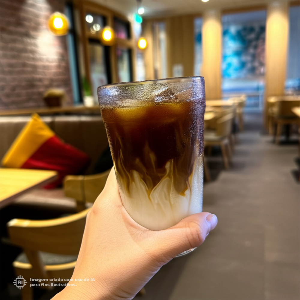 Copo transparente ECO Liffe de 33 cl com café gelado em um restaurante