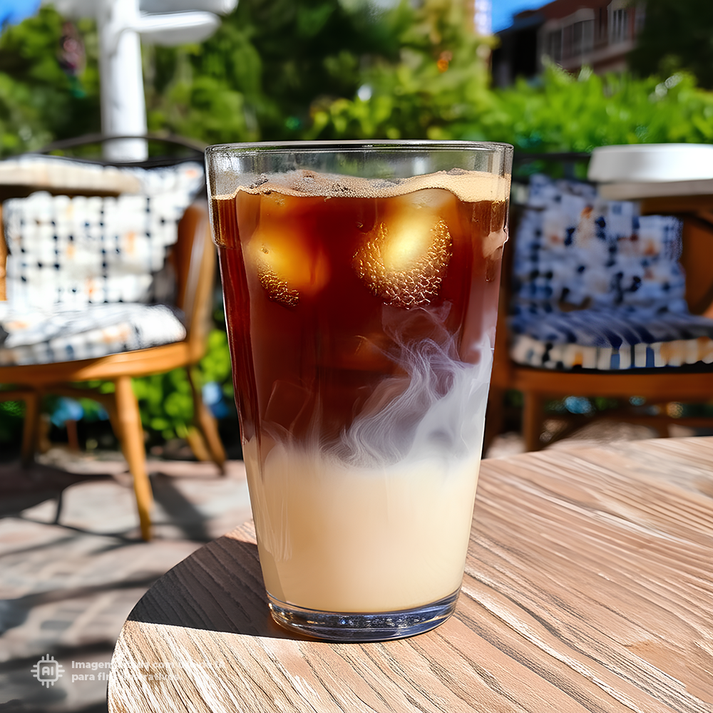 Copo transparente ECO Liffe de 33 cl com café gelado e gelo.