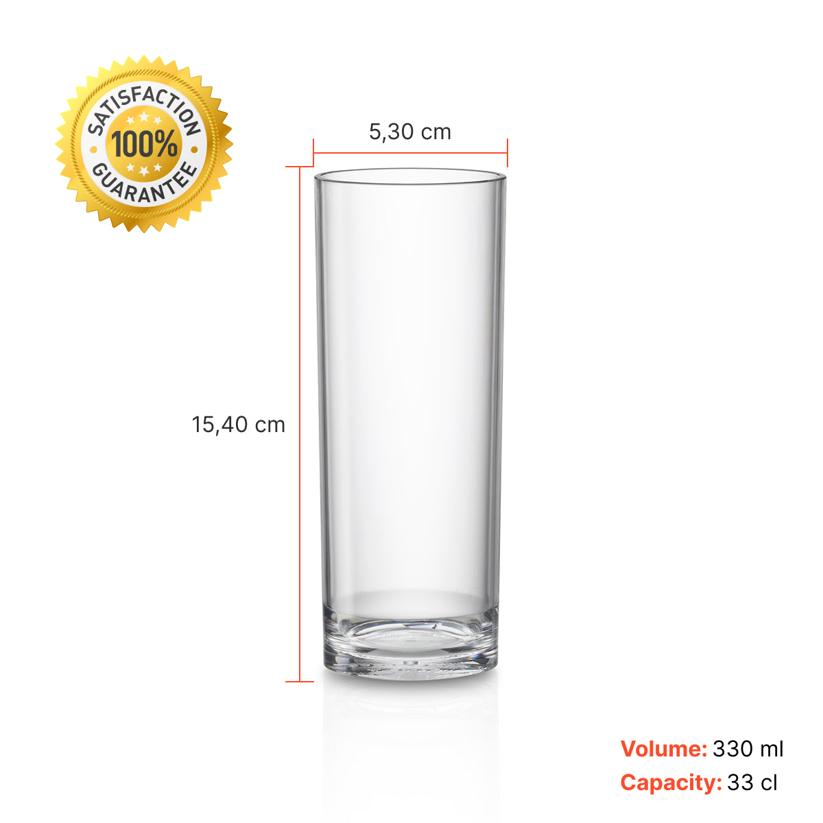 Copo Tubo Liffe Transparente 33 cl com medidas de 15,40 cm de altura e 5,30 cm de diâmetro