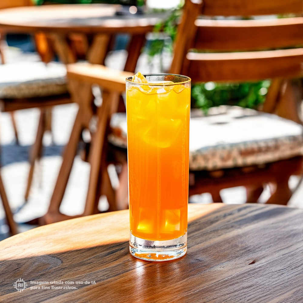 Copo Tubo Liffe Transparente 22 cl com sumo de laranja em mesa de madeira