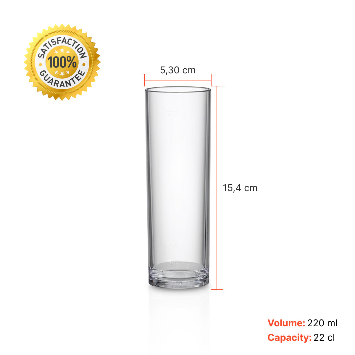 Copo Tubo Liffe Transparente 22 cl com medidas de 5,30 cm de diâmetro e 15,4 cm de altura