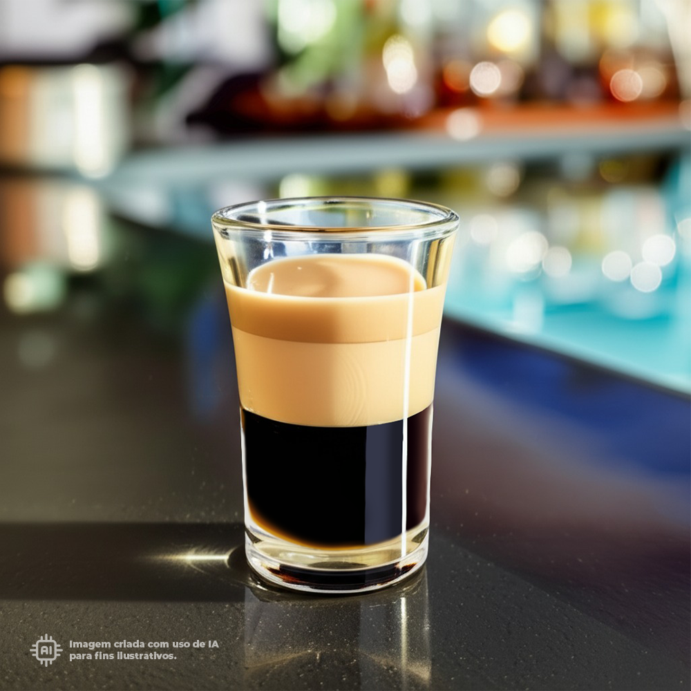 Copo shot transparente Liffe de 3 cl com bebida escura e camada dourada