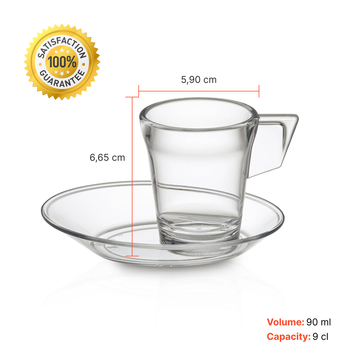 Chávena Café com Pires Liffe Transparente 9 cl medindo aproximadamente 6,65 cm de altura e 5,90 cm de largura.