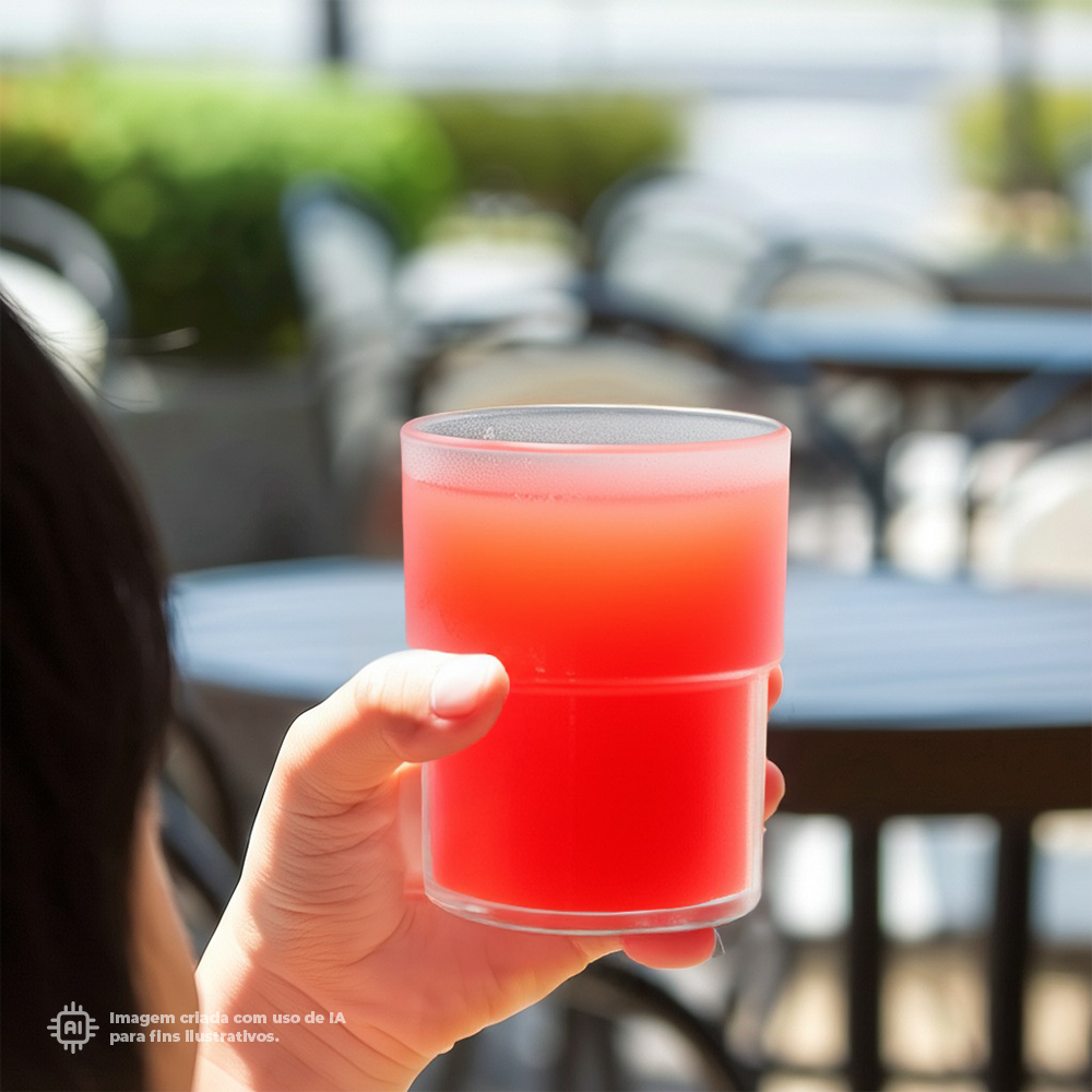 Copo transparente de 18 cl da marca ECO Liffe com sumo vermelho