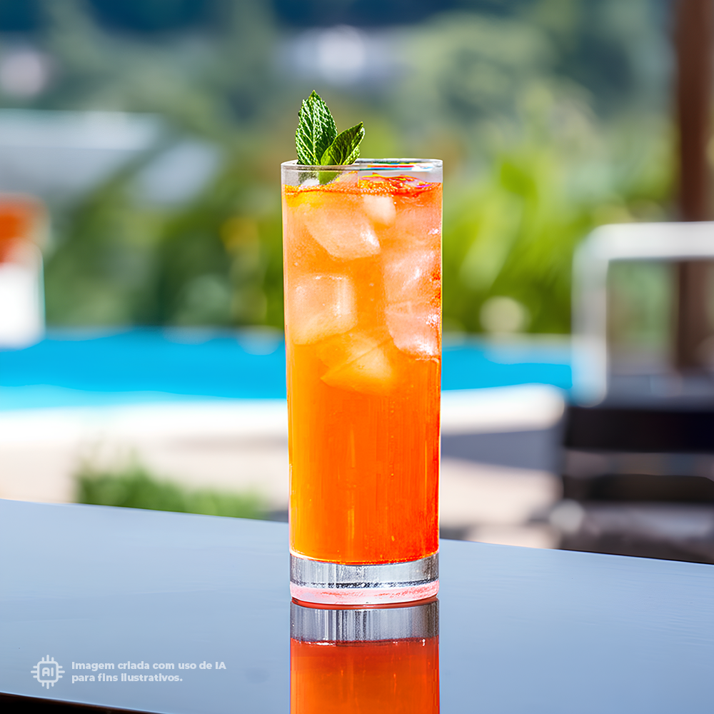 Copo Tubo Liffe Transparente 33 cl com um coquetel refrescante ao fundo