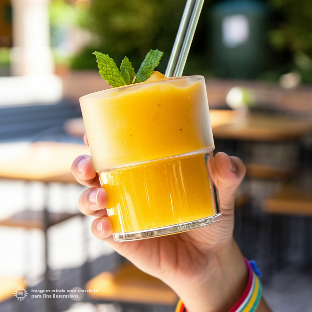 Copo transparente ECO Liffe de 18 cl com sumo de laranja e folhas de hortelã