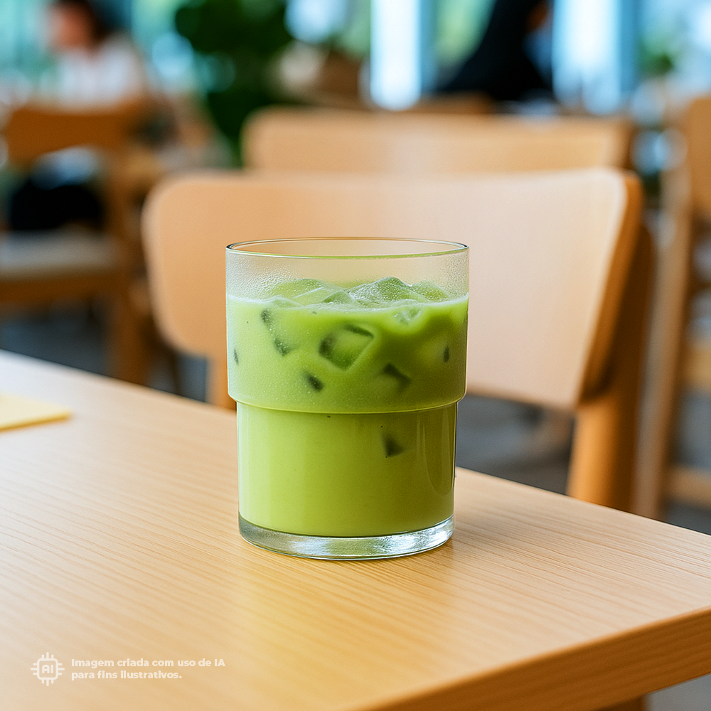 Copo transparente de 18 cl ECO Liffe com bebida verde sobre mesa de madeira