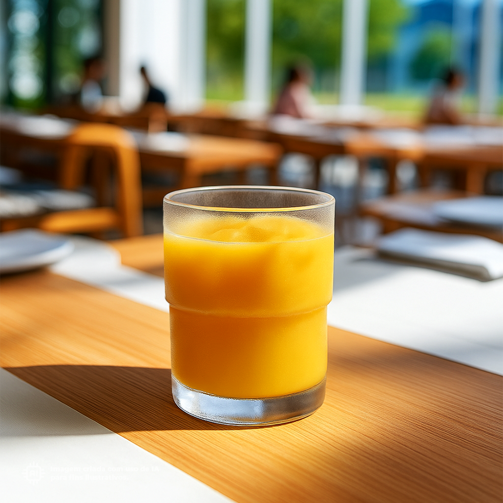 Copo transparente de 18 cl da ECO Liffe com sumo de laranja em um ambiente de cafeteria