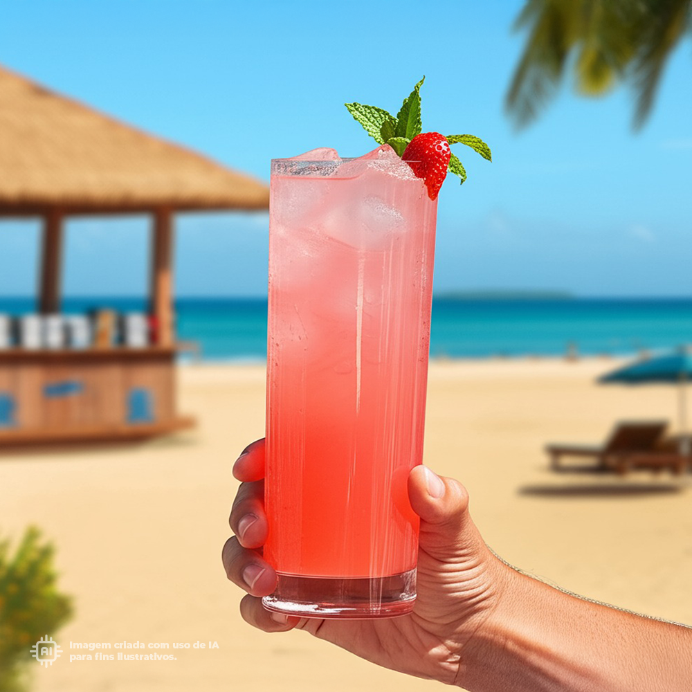 Copo Tubo Liffe Transparente 33 cl com um coquetel rosa na praia