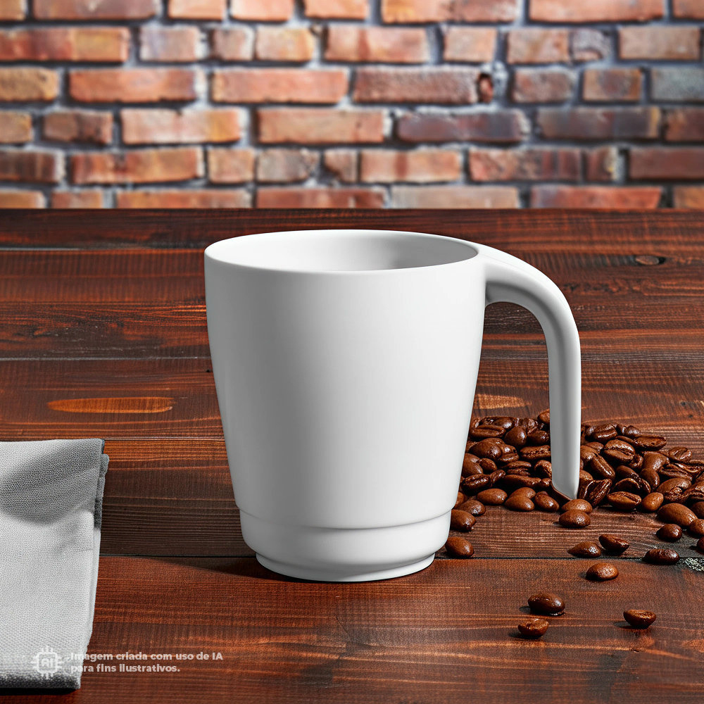 Caneca Liffe Branca 30 cl com café em grãos ao redor, colocado sobre uma mesa de madeira escura com parede de tijolos ao fundo.