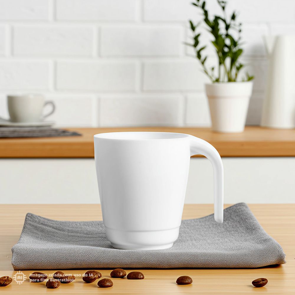 Caneca Liffe Branca 30 cl em cima de um pano cinza em cima de uma mesa de madeira com grãos de café espalhados ao redor com o fundo de tijolos brancos e vasos.