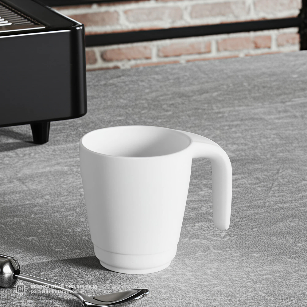 Caneca Liffe Branca 30 cl sobre uma mesa, com uma parede de tijolos ao fundo.