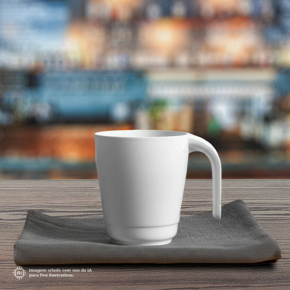 Caneca Liffe Branca 30 cl em um balcão de madeira em cima de um pano cinza, com fundo desfocado de um cenário urbano ao fundo.