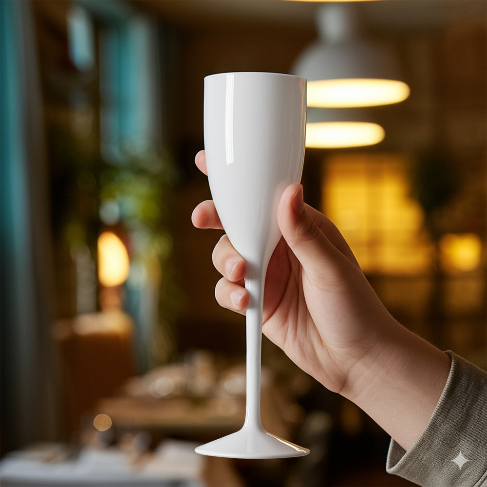 Pessoa segurando copo de champanhe Liffe branco de 12 cl em ambiente sofisticado