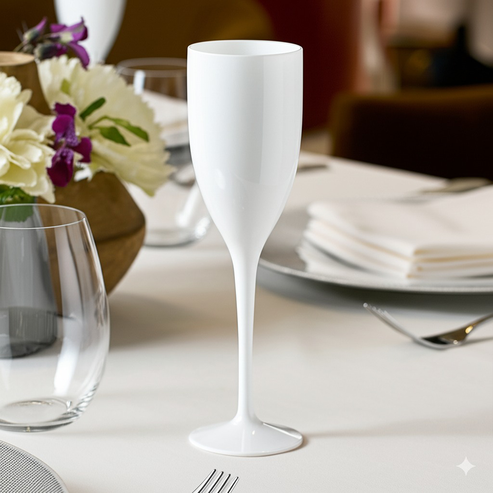 Copo de champanhe branco Liffe de 15 cl em um cenário elegante de mesa