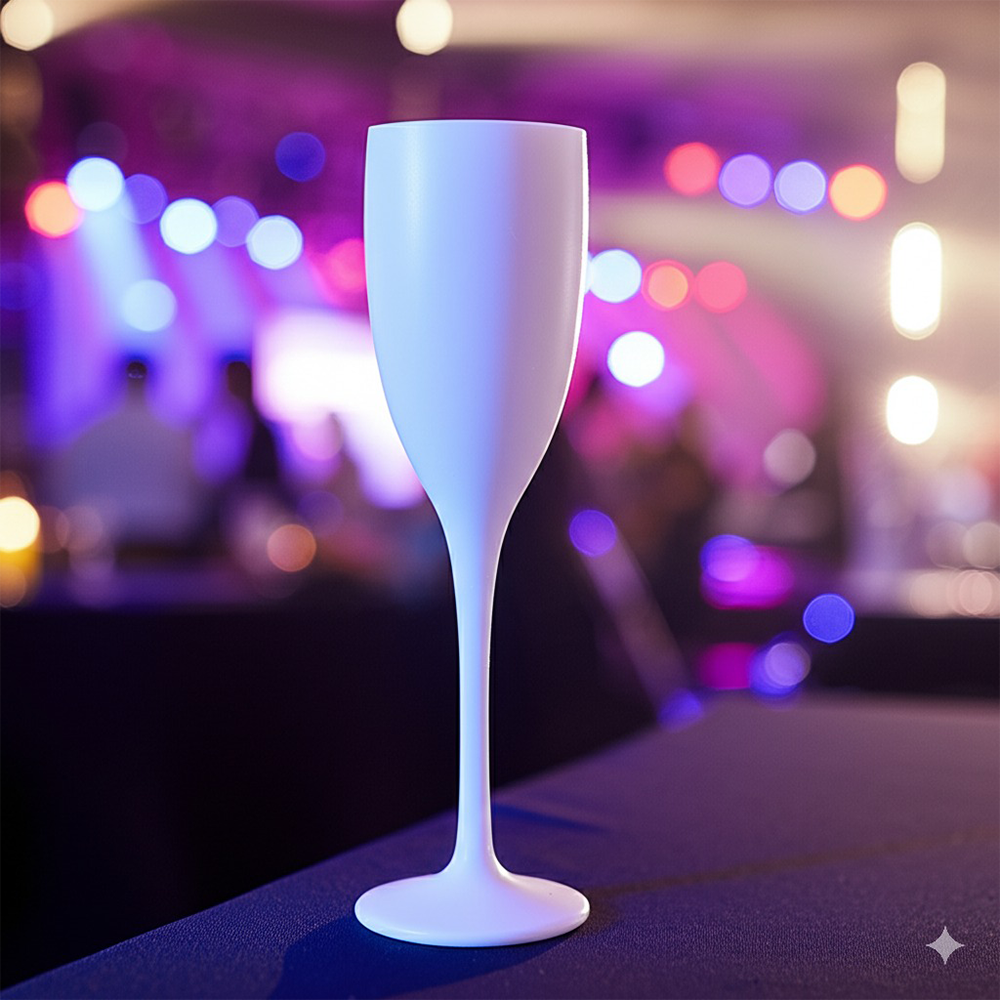 Copo de champanhe Liffe branco de 15 cl em um evento noturno